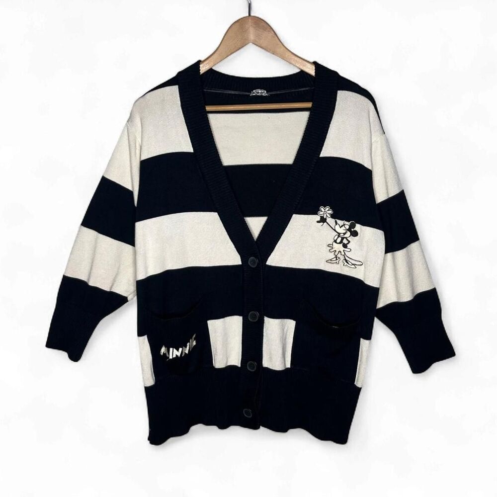 Disney Retro Minnie Mouse Embroidered Stripe Button Front Cardigan Sweater